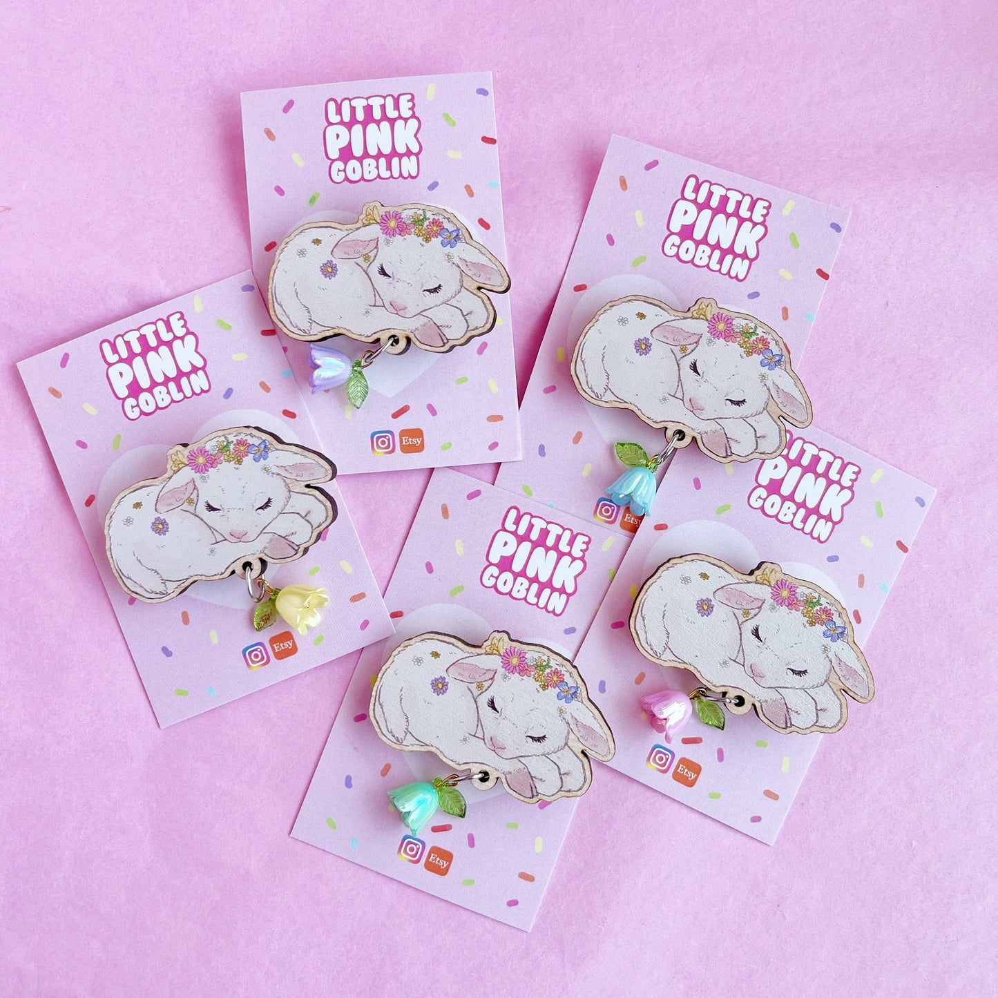 Springcore Wooden Lamb Pin with Ceramic Flower Charm