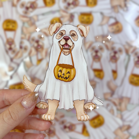 Borderless Trick or Treater Ghost Dog Vinyl Sticker