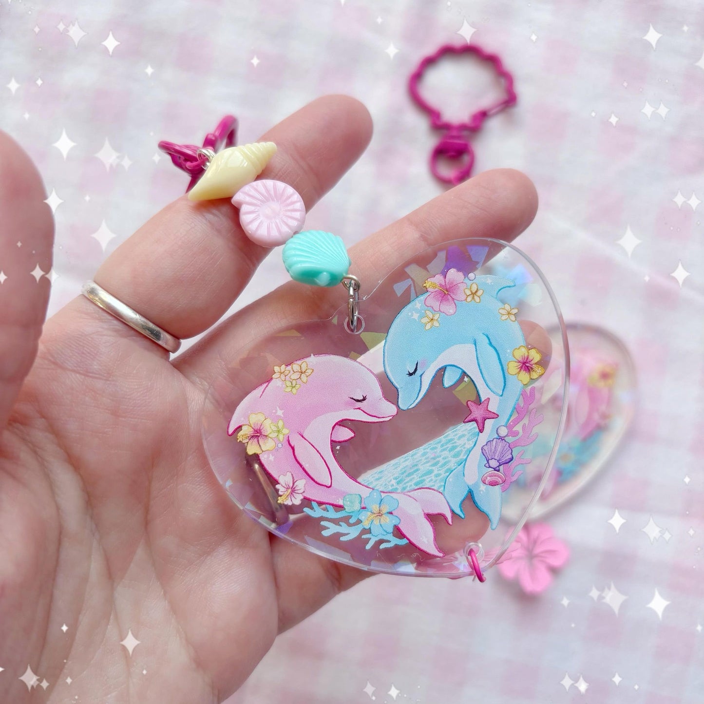 Kawaii Tropicalcore Holographic Dolphins in Love Deco Keychain