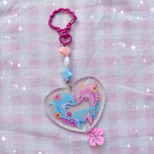 Kawaii Tropicalcore Holographic Dolphins in Love Deco Keychain