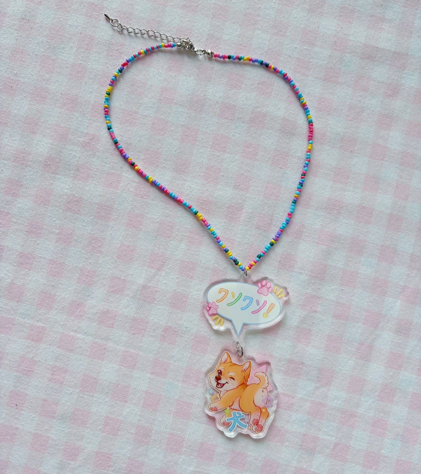Shiba Inu Speech Bubble Acrylic Charm Beaded Necklace